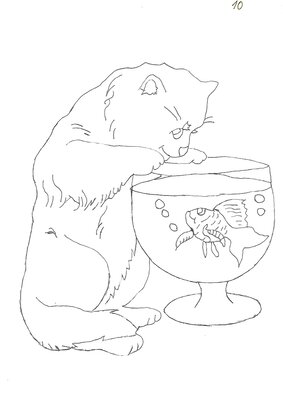 Ausmalbild Katze mit Fisch im Glas
